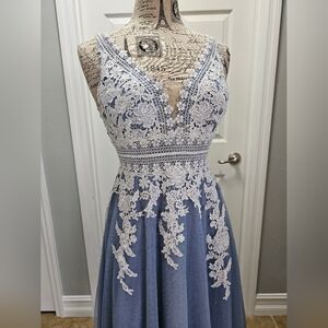 Elegant Blue Lace Sleeveless Tea Length Dress Size 4. Never Worn With Tags